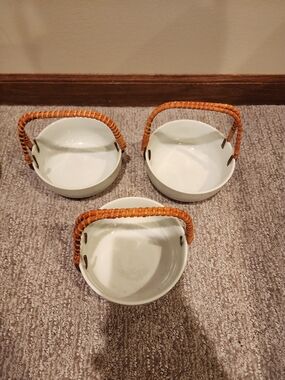 Ceramic Round Serving Bowls with Woven Handles - Set of 3, Cream